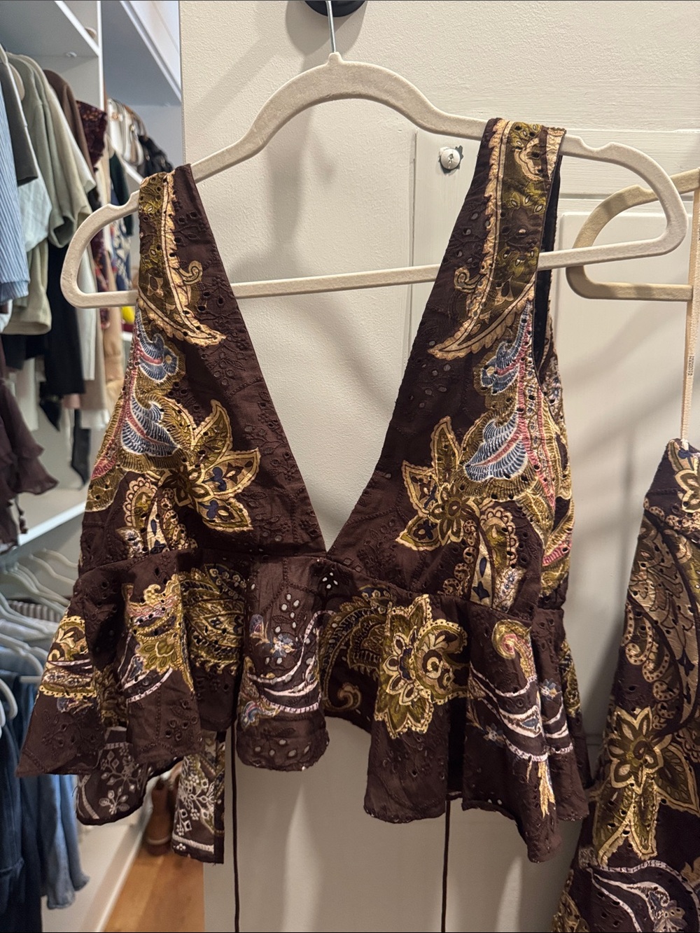 Hemant and Nandita Brown Paisley Embroidered V-Neck Tank
